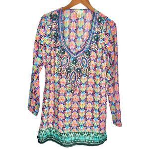 Lucky & Coco Embroidered Blouse Size M Multicolor Boho Print Long Sleeve V Neck